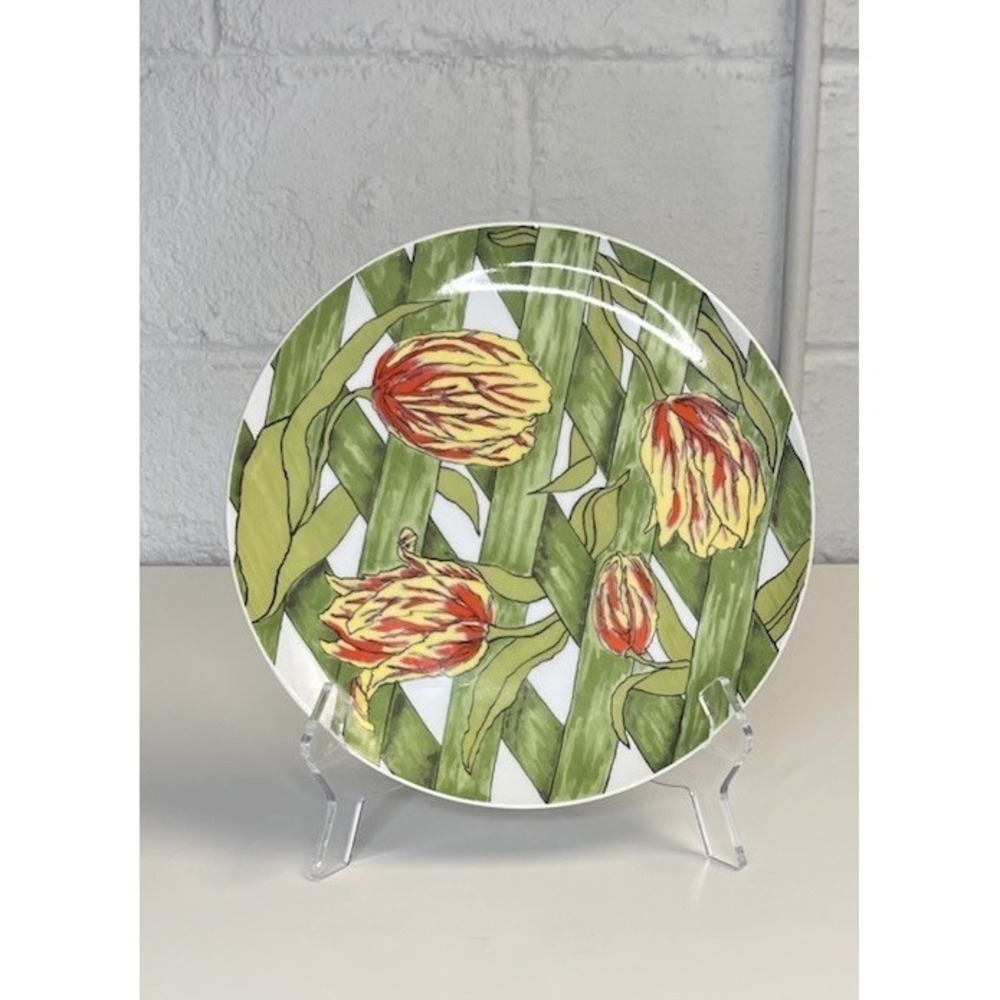 Villa Vanilla Palm Beach Treillage Dinner Plate Tulip Green Yellow Red MCM